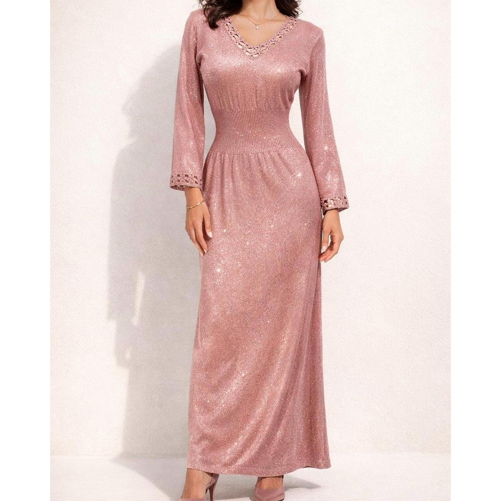 70s Vintage Pink Sparkly Knit Maxi Dress Womens S Bell Sleeve Disco Boho Gown